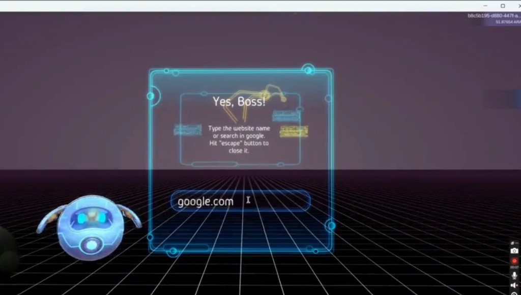 3D environment screenshot showing AI assistant and command panel.