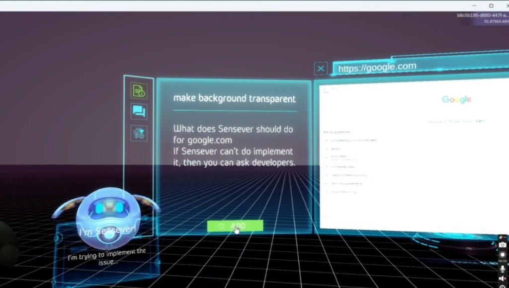 3D environment screenshot showing UI panel and browser action.
