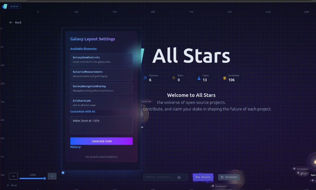 Ara interface screenshot with zoom controller customization panel.